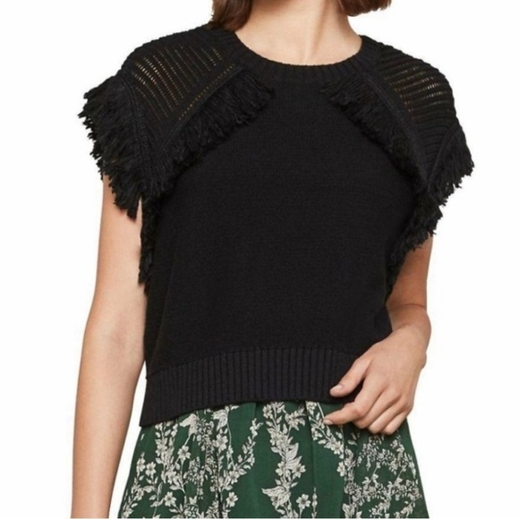BCBGMaxAzria Contemporary Boho Black Knit Fringe Cap Sleeve Sweater Size L - Picture 1 of 4